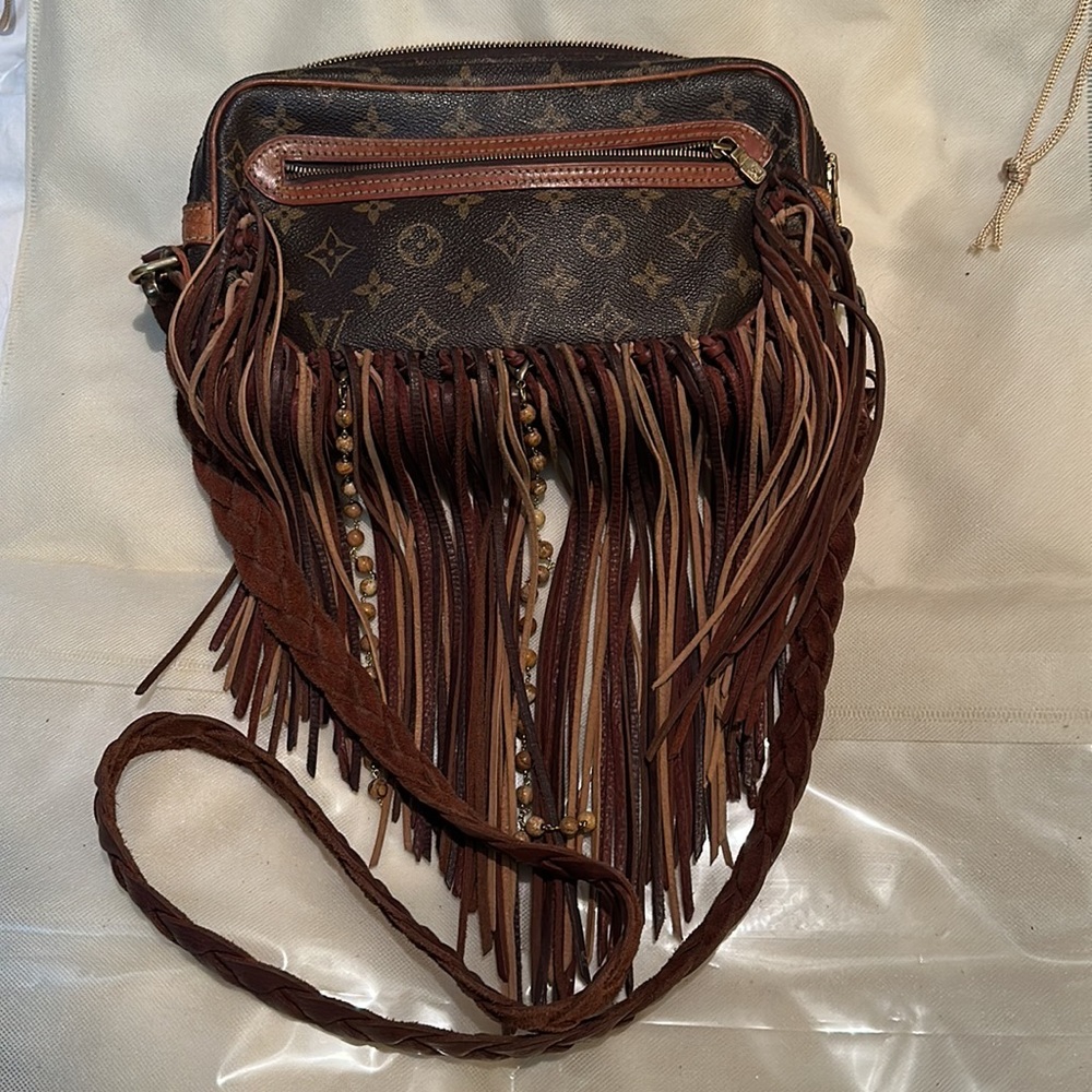 Designer-Style Brown Monogram Fringe Crossbody Bag